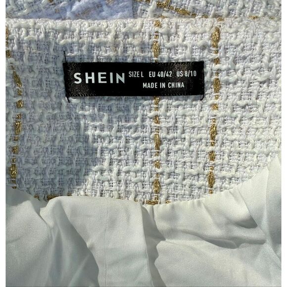 Woman’s SHEIN SZ L White Gold Frenchy Plaid Shawl Collar Open Front Blazer - Picture 4 of 8